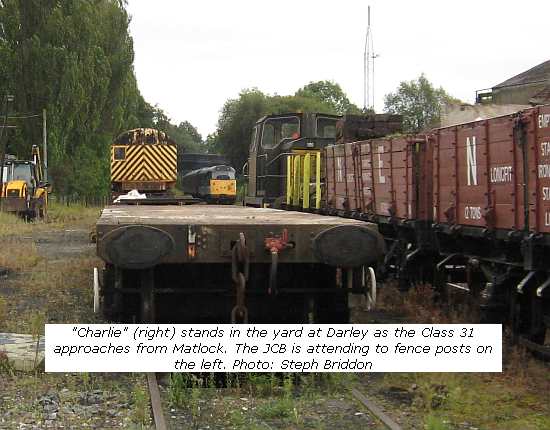 Charlie (right) in yard at Darley as Class 31 approaches