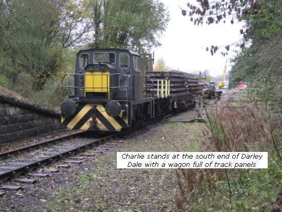 Charlie at south end of Darley Dale with wagon of track panels