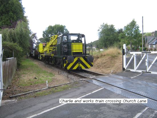 Charlie and works train cross Church Lane
