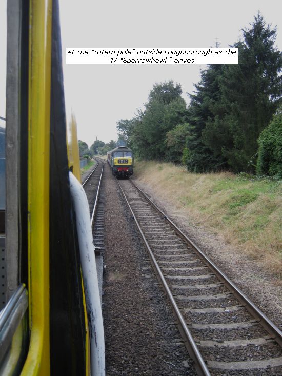 14901 at totem pole outside Loughborough as class 47 Sparrowhawk arrives