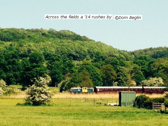 Long shot across fields of 14901 and train