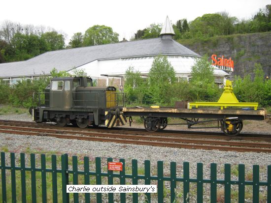 Charlie with works train outside Sainsbury's