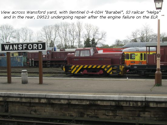 View across Wansford yard with Sentinel 0-4-0DH Barabel, SJ Railcar Helga and D9523