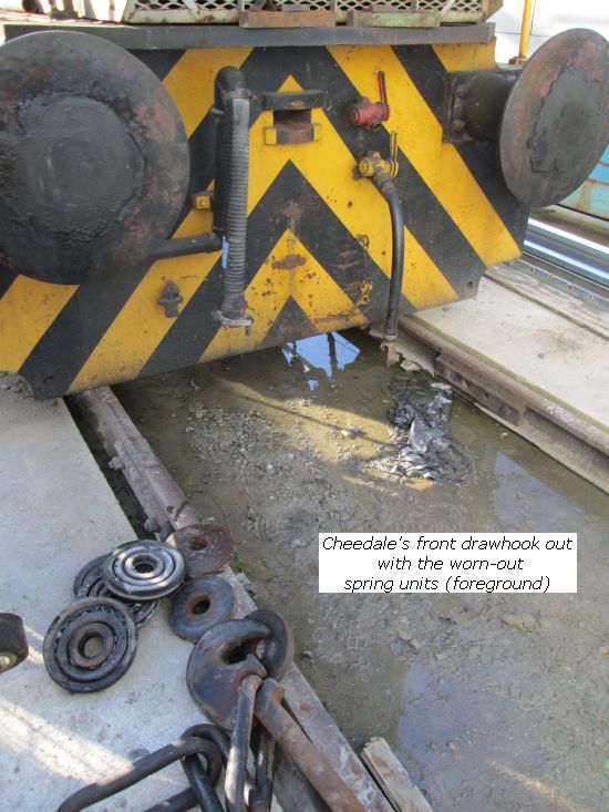 Cheedale's front drawhook removed withe worn out springs on floor