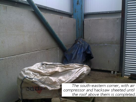 South Eastern corner of shed with compressor & hacksaw sheeted up awaiting roof