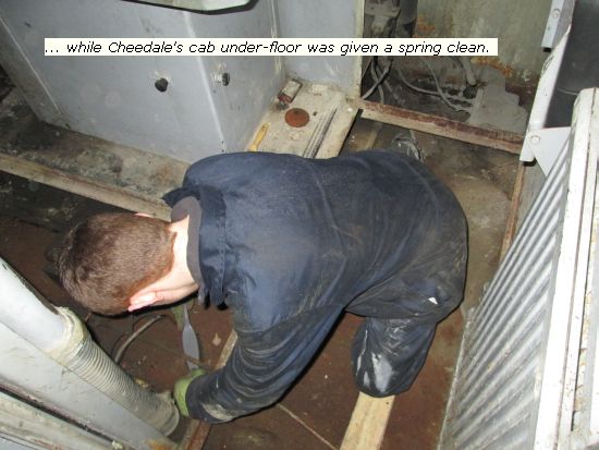 Cleaning the under floor of Cheedale's cab