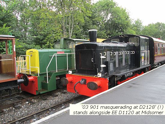 03 901 masquerading as D2128 alongside EE D1120 loco at Midsomer Norton