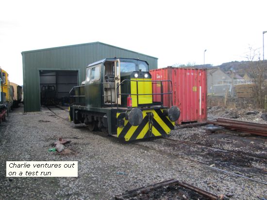 Charlie exits the shed on a test run
