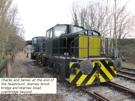 Charlie and James at end of headshunt, Warney Road bridge behind