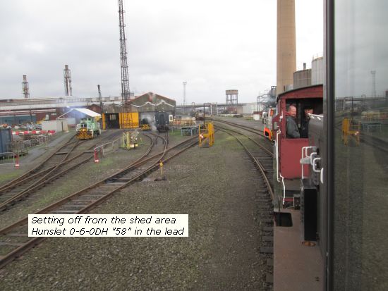 Scunthorpe steelworks tour - setting off with Hunslet DH 0-6-0 "58" in the lead